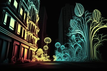 A fantastical city of glowing plants and vivid color serves as a backdrop in this picture. To draw on a computer. Generative AI