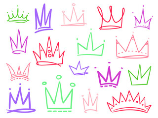 Set of colored crowns on white. Signs for design. Hand drawn simple objects. Line art. Colorful illustration. Sketchy elements for posters and flyers
