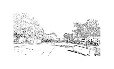 Building view with landmark of Pompano Beach is the 
city in Florida. Hand drawn sketch illustration in vector.