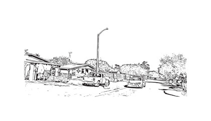 Obraz premium Building view with landmark of Pompano Beach is the city in Florida. Hand drawn sketch illustration in vector.