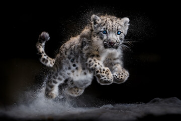 Obraz na płótnie Canvas snow leopard is jumping in the air