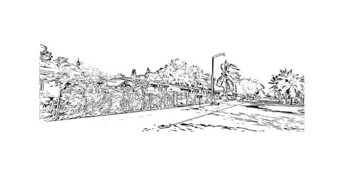 Building view with landmark of Pompano Beach is the 
city in Florida. Hand drawn sketch illustration in vector.