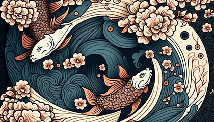 Beautiful tradicional japanese pattern with fishes and cherry blossoms. Amazing wallpaper, great design. Perfect background for several uses.  