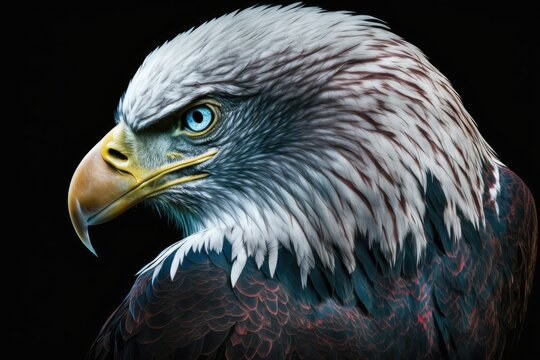 A dark, close up, and isolated photograph of a bald eagle. Generative AI