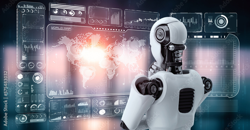 Poster thinking ai hominoid robot analyzing hologram screen shows concept of network global communication u