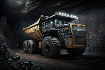 A road worthy articulated dump truck operating in an underground coal mine. Generative AI