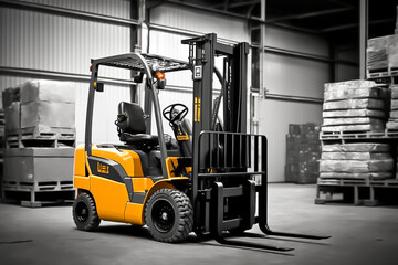 Forklift loader, pallet stacker truckk equipment in a warehouse, generative ai