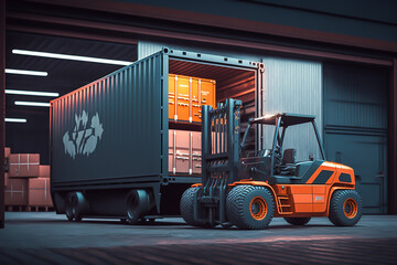 Obraz na płótnie Canvas Forklift tractor loading packaging boxes into cargo, equipment in a warehouse, generative ai