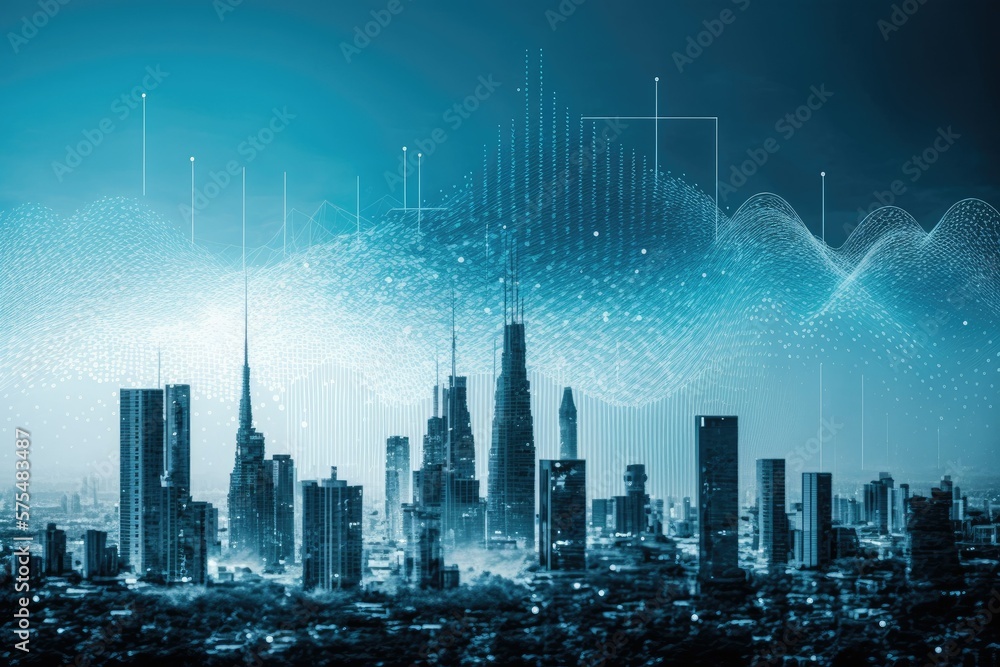 Poster concept of a connected technological metaverse represented by a banner of dots and a gradient line d