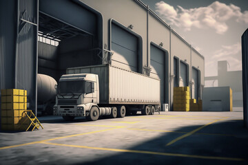logistic organization on a warehouse, trucks, pallets, generative ai