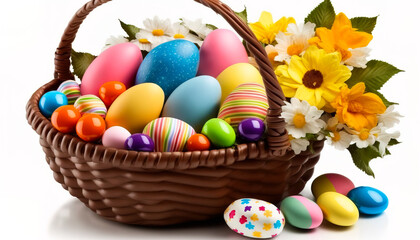Fototapeta na wymiar Easter - Easter Basket Overflowing with Delightful Treats and Cheerful Blooms - ai generated.