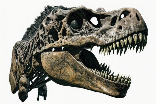Skull of a Tyrannosaurus rex displayed against a blank white background. animals that lived long ago and left behind fossils. Generative AI