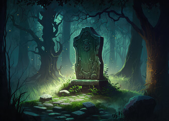illustration painting of Old gravestone. Old stone tombstone. Victorian headstone. Medieval headstone in the forest, digital painting (ai generated)