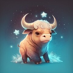 Cute 3d Taurus god on space background.