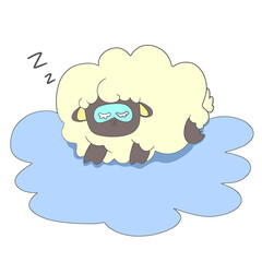 Fluffy sheep sleeping peacefully on the clouds. Hand drawing PNG transparent.