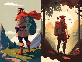 Set of 2 poster-style art of bold travelers from around the world in minimalist adventure illustration style by Generative A.I.