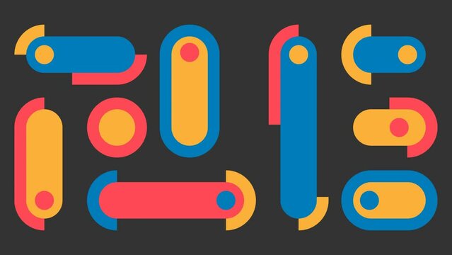 4K looped animation video in flat style. Colorful circle move in rounded shape. Modern Motion On Off Ball slider button on dark gray background with red, blue, yellow semicircular inserts. Loop. App