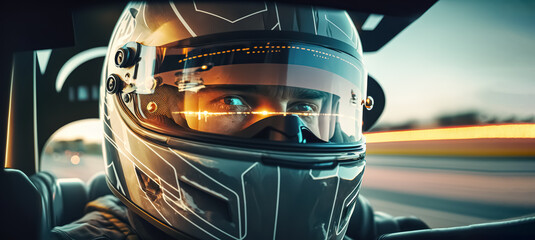 Racer in a helmet driving a car on the track. digital ai art	