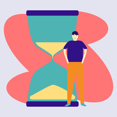 Man standing in front of hourglass flat vector art ilusstration concept