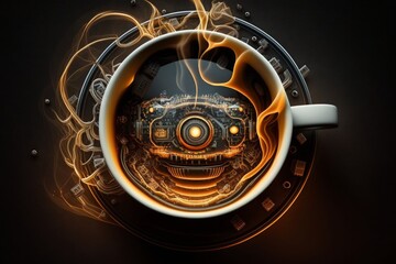 top view of steaming cup of coffee looking back at you created with Generative AI technology