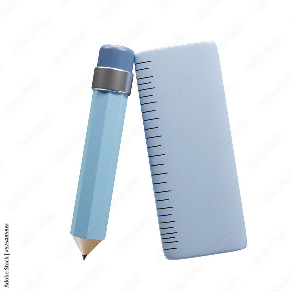 Poster pencil and ruler icon with cartoon style for website design presentation. 3d rendering education ico