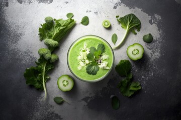 Obraz premium Green smoothie with kale and cucumber, served in a glass against a concrete wall. Juice made from fresh green peas, cucumber, radish, spinach, and lime for detoxification. vertical photo A look down f