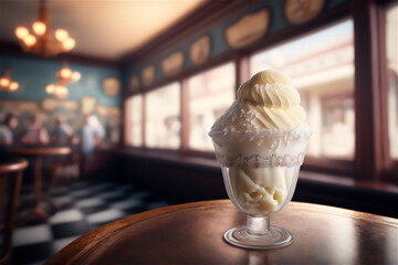 Gourmet vanilla ice cream in glass bowl on ice cream parlor table. AI generated. frozen dessert