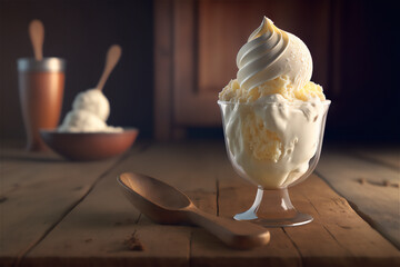 Fototapeta na wymiar Gourmet vanilla ice cream in glass bowl on ice cream parlor table. AI generated. frozen dessert