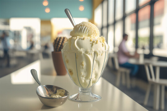 Gourmet vanilla ice cream in glass bowl on ice cream parlor table. AI generated. frozen dessert