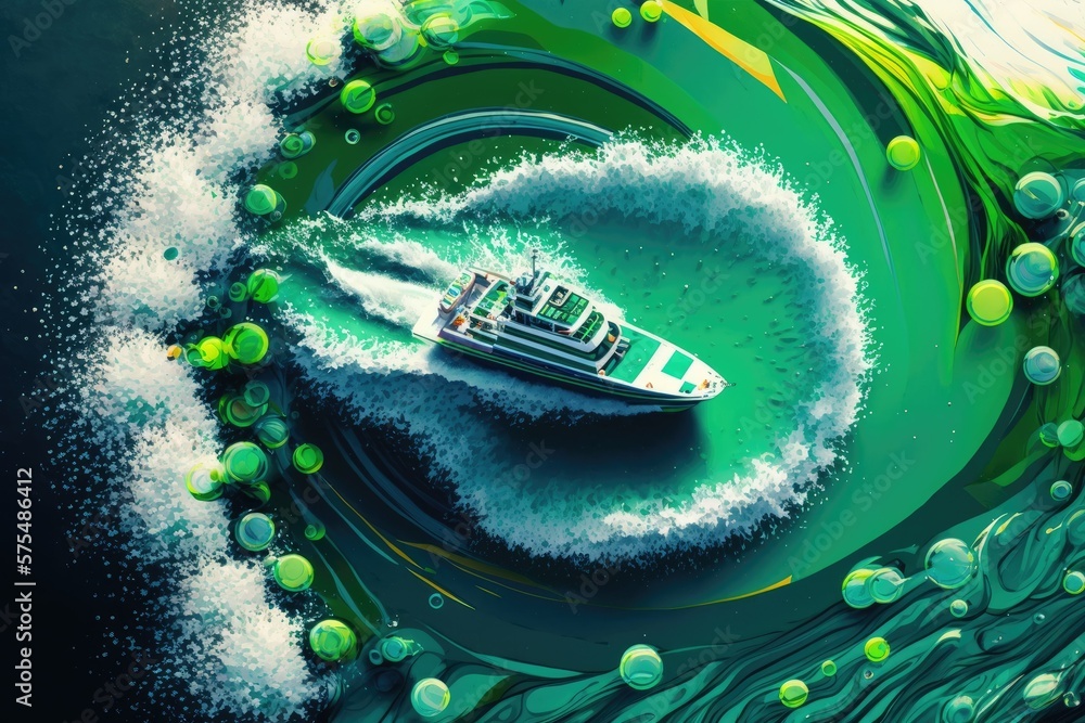 Poster from above, a motor powerboat creates a circular pattern of waves and bubbles in the ocean. generati