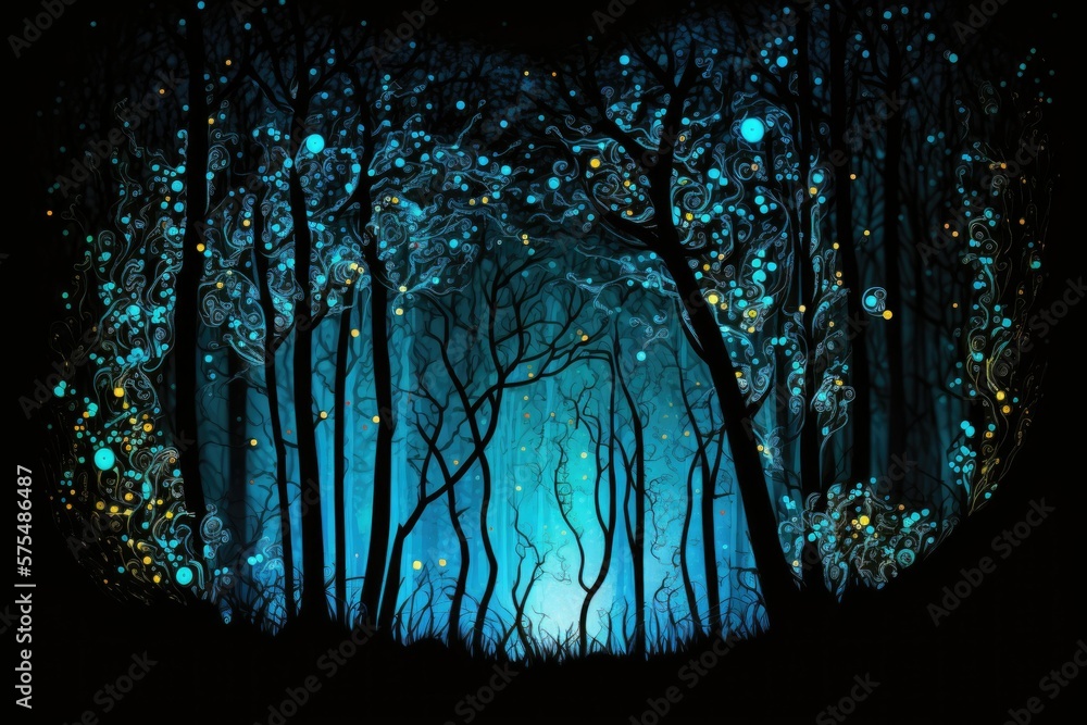 Poster firefly in the night forest; an abstract and enchanted image. theme from a fairy tale. generative ai