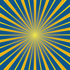 Retro comic book square ray background. Vintage yellow orange sun rays on a blue background with light. Wallpaper in vector and jpg format.