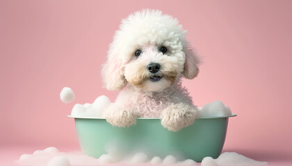 Cute puppy dog in bathtub , pets cleaning , Generative Ai	