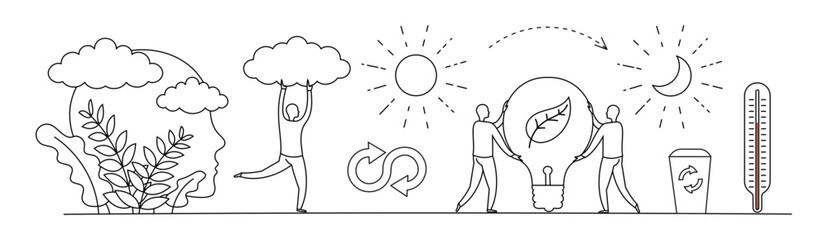 Ecology and people. Nature and conservation of energy. Climate warming and waste disposal problems. Conceptual infographic vector illustration. Set of elements.