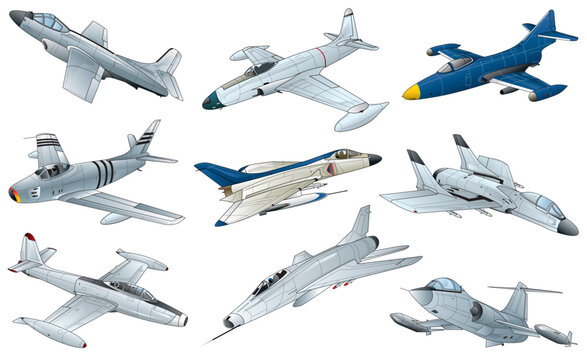 9 types of early days American jet fighter image illustrations (No Marking. vector. eps. png. jpeg)	