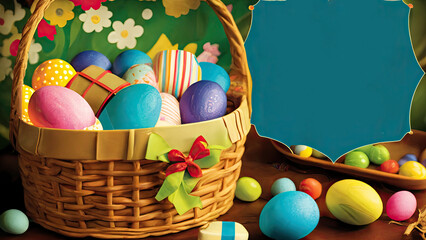 An easter basket full of colorful chocolate eggs, space for copy, room for text, Generative AI