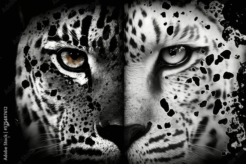 Poster two tigers' faces superimposed on a leopard print background. generative ai