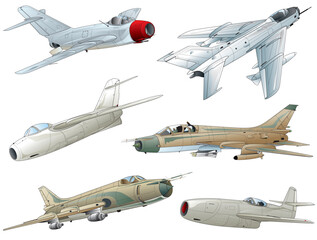6 old style military jet fightes USSR image illustraition(No marking) - obrazy, fototapety, plakaty