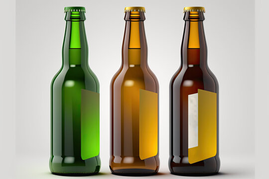 Realistic Glass beer bottles in various shades of green, brown, yellow, and white sit alone on a white background. Illustration created using s. Blank product packaging mockup for marketing purposes