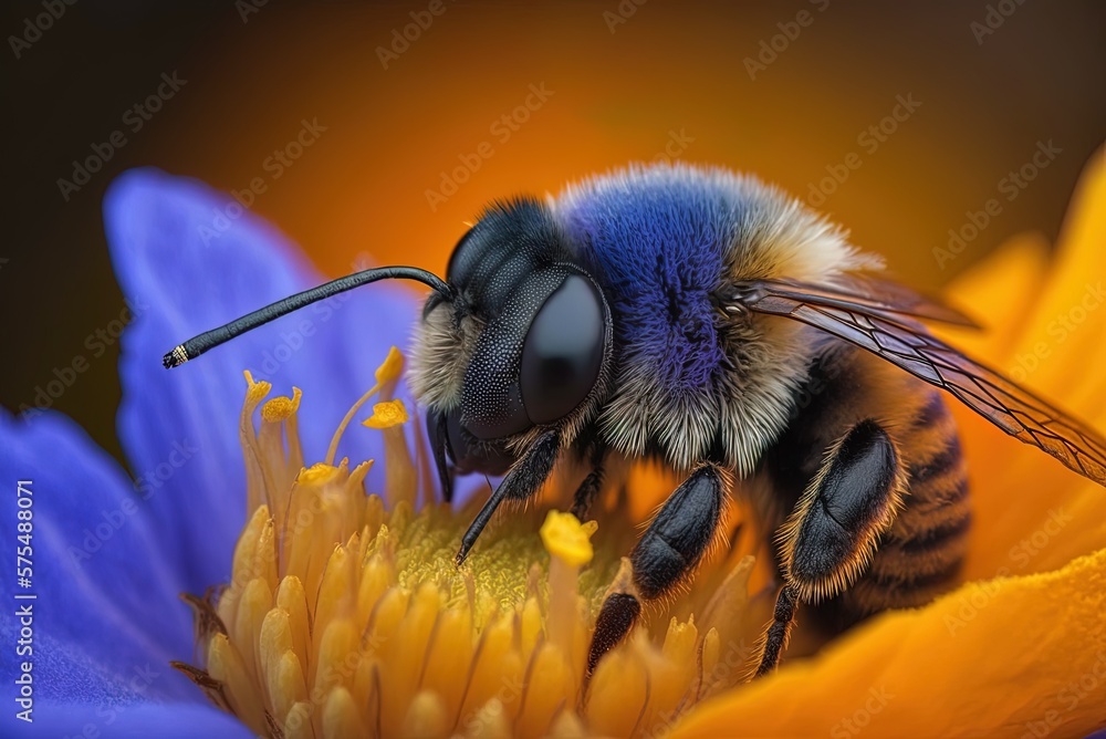 Poster extreme close-up macro image of a bee on a flower. generative ai