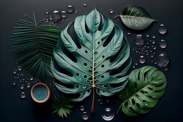 Flat lay tranquil wellness image featuring palm leaves and water droplets.