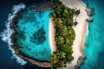Panorama of a tropical beach and the water from above. Generative AI