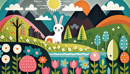 A colorful spring landscape, easter bunny, easter, celebration, trees, water, mountains, Generative AI 