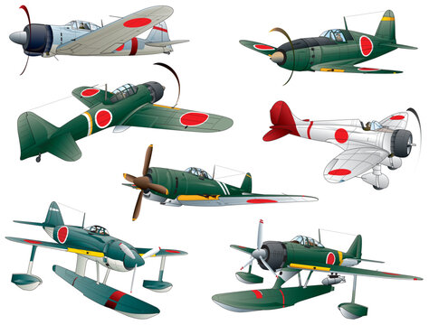 5 Japanese imperial navy propeller fighters, and 2 reconnaissance seaplane of ww2. (vector. eps. png. jpeg)	