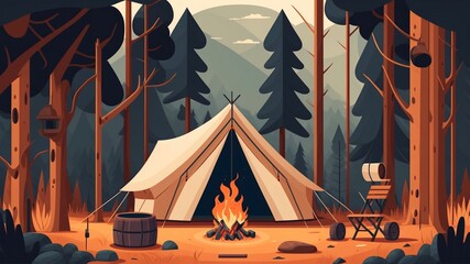 Vector Style Flat Illustration of Empty Campsite with Frontier Canvas Tent and Campfire. Equipment for Adventure Tourism. Bushcraft or Backpacking Camp [Storybook, Fantasy, Historic, Cartoon Scene.]
