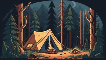 Vector Style Flat Illustration of Empty Campsite with Tent and Campfire. Equipment for Adventure Tourism. Bushcraft or Backpacking Camp [Storybook, Fantasy, Historic, Cartoon Scene.]