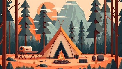 Vector Style Flat Illustration of Empty Campsite with Tipi Tent and Campfire. Equipment for Adventure Tourism. Bushcraft or Backpacking Camp [Storybook, Fantasy, Historic, Cartoon Scene.]