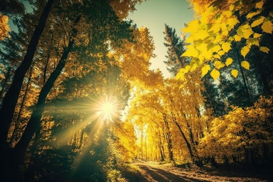 Beautiful Sunny Autumn Scene in the Woods. Generative AI
