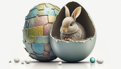 An eaaster bunny in a chocolate easter egg, easter holiday, celebrate, isolated, white background, cute fluffy bunny, Generative AI