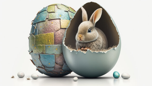 An eaaster bunny in a chocolate easter egg, easter holiday, celebrate, isolated, white background, cute fluffy bunny, Generative AI